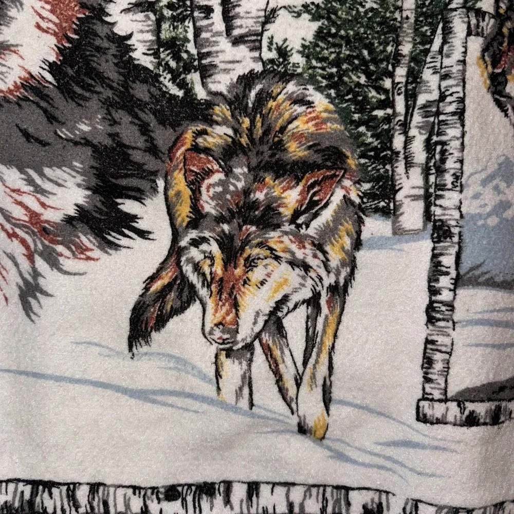 Vtg Blanket Wolves Acrylic Stiff Winter Wooded Scene Birch Trees 60 X 86